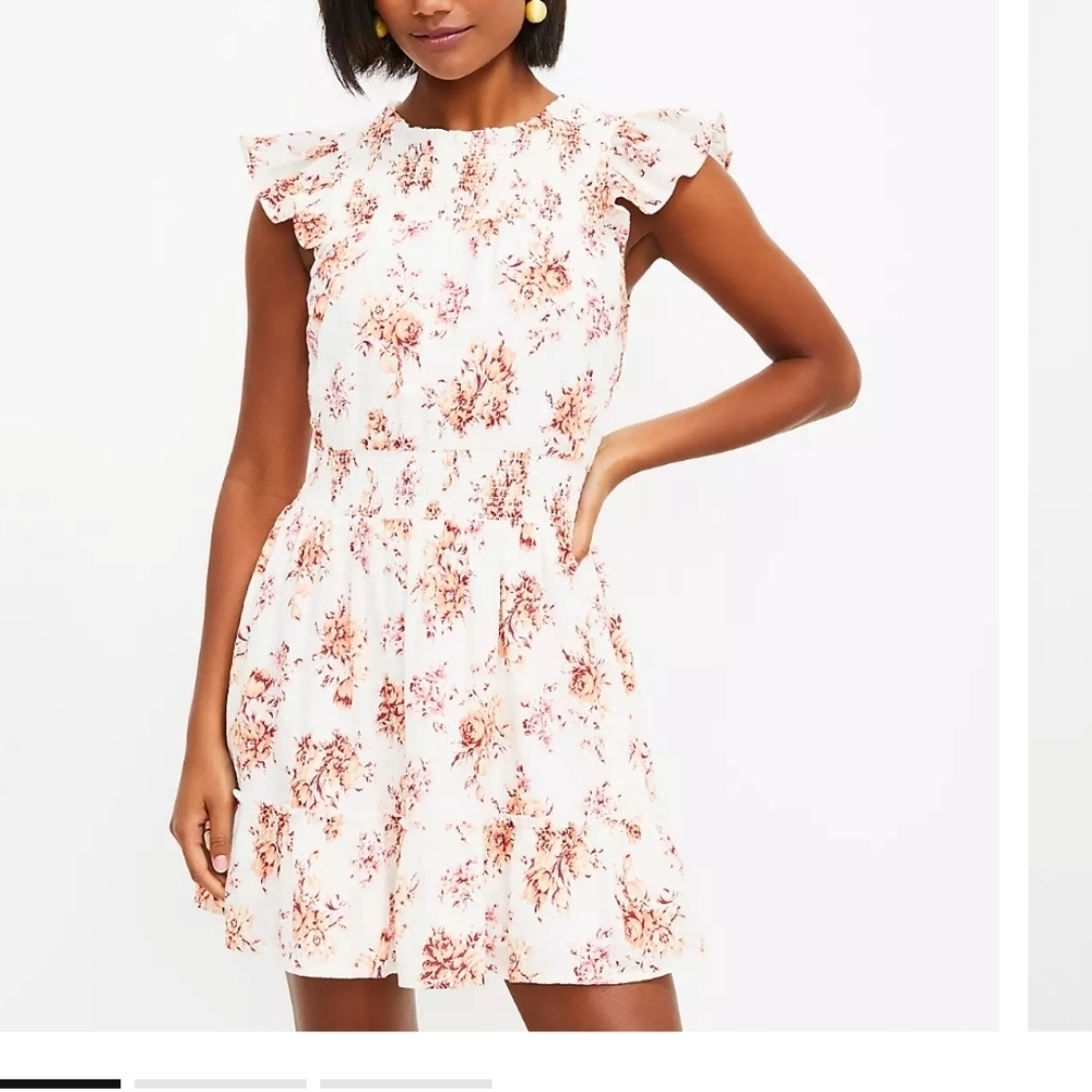 Loft mini A-line Sundress Smocked ruffles floral cotton , cap sleeves, sz M.